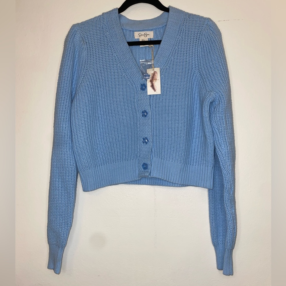 Jessica Simpson Button Up Knit Sweater Baby Blue Size Large with Floral Buttons